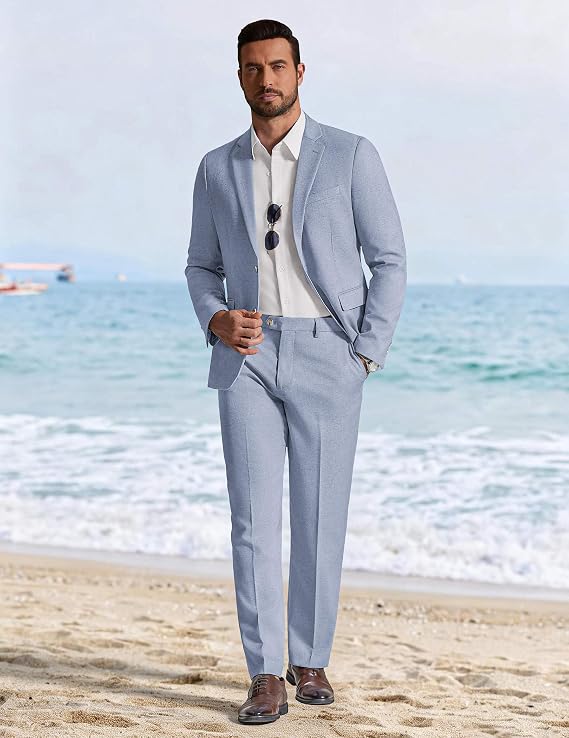 Conjunto de 2 Peças de Terno Masculino de Linho de Ajuste Regular Coofandy 2