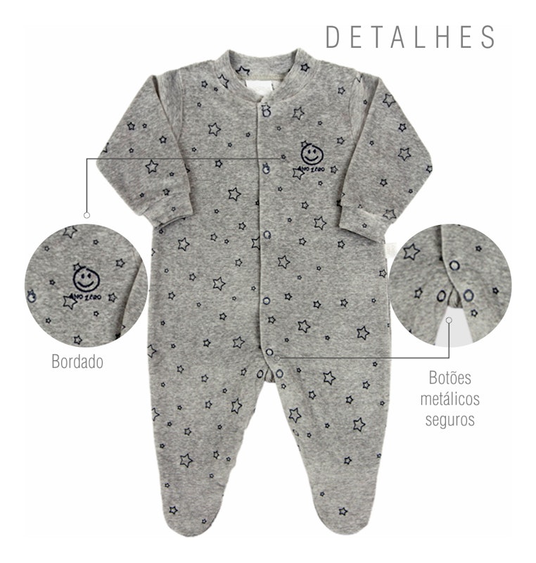 Macacão Bebê Menino Plush Estampado e Listrado Kit Macacão Plush Menino 3 Peças 3