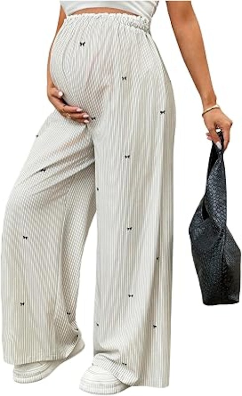 Calça Feminina Listrada com Laço para Gestantes MakeMeChic 1