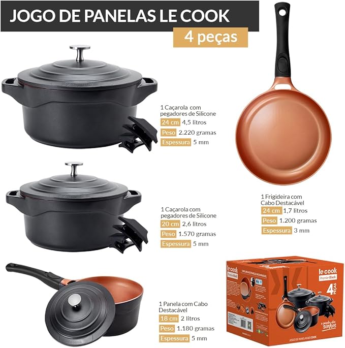 Jogo de 4 Panelas Premier Black Le Cook 2