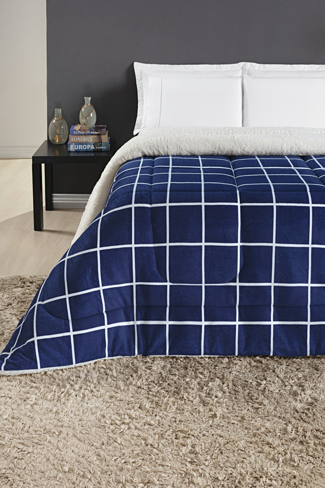 Coberdrom Solteiro Austin Dupla Face Manta Flannel Estampado Grid e Sherpa 5