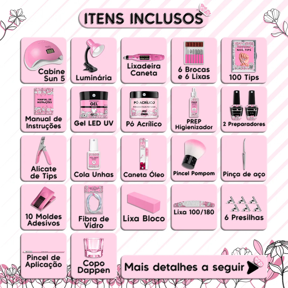 Kit Unha Gel Alongamento Cabine Lixadeira Elétrica Luminária 2