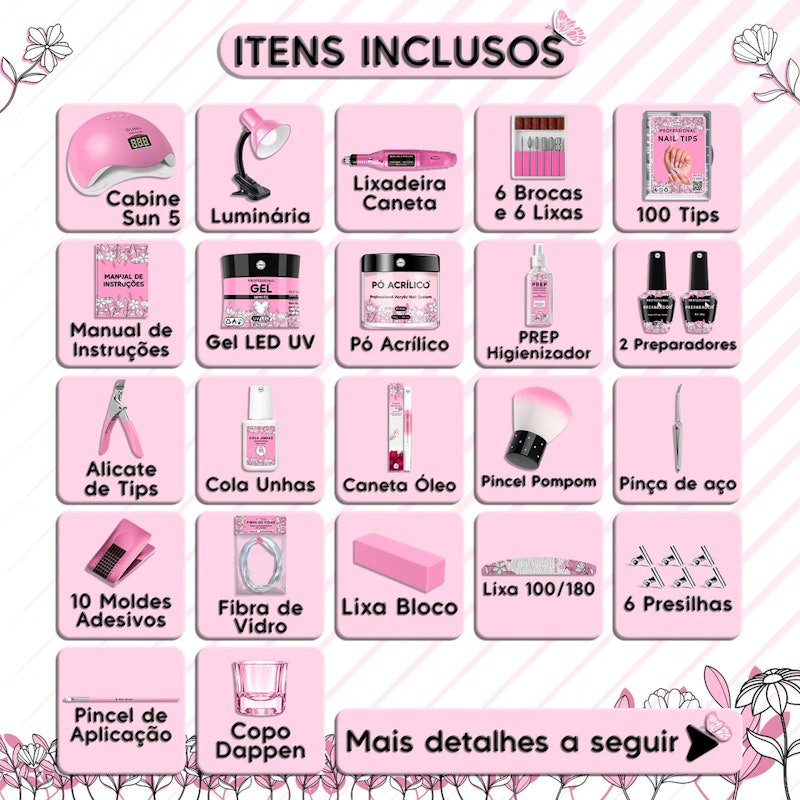 Kit Unha Gel Alongamento Cabine Lixadeira Elétrica Luminária 2
