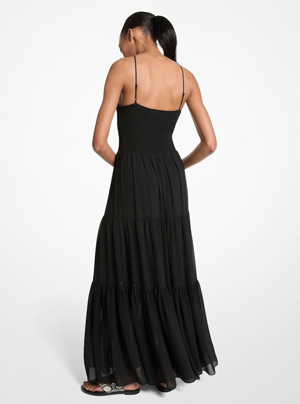 Vestido Longo Frente Única em Georgette com Detalhes Franzidos 2