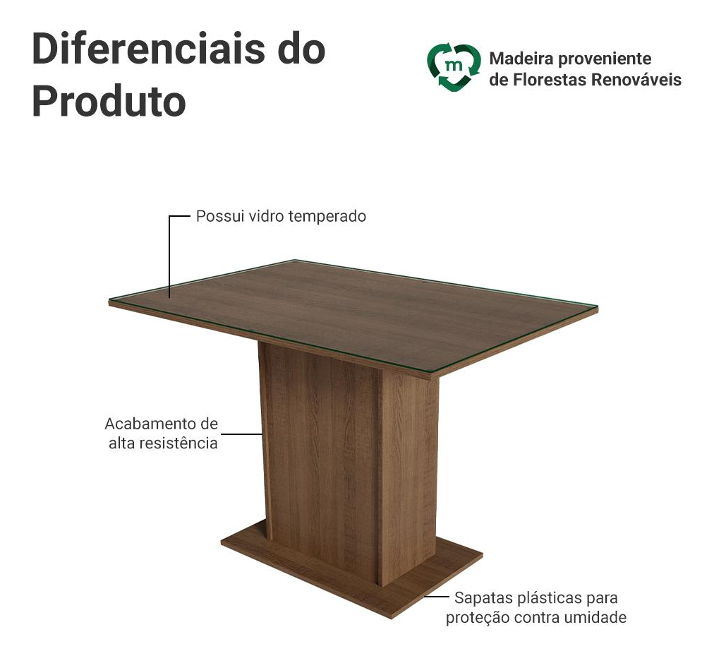 Mesa de Jantar Retangular com Tampo de Vidro Rustic 5329 Madesa 3