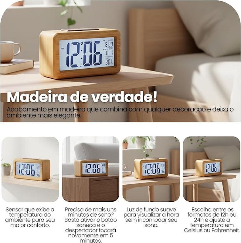 Relógio Despertador Digital LCD Madeira Bambu 4