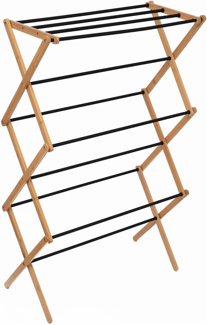 Varal de Chão 3 Andares Vertical de Bambu com Hastes Metálicas 1