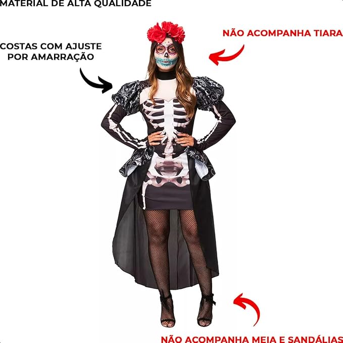 Fantasia Halloween Feminina Caveira Mexicana Manga Longa com Ossos 5