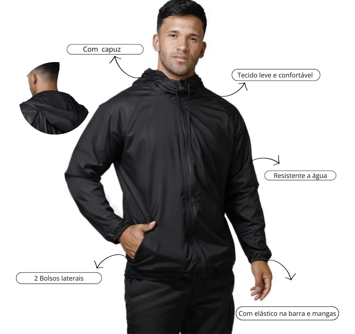 Jaqueta Corta-Vento Masculina Esporte Leve com Capuz 3
