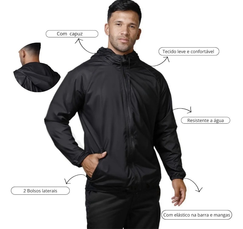 Jaqueta Corta-Vento Masculina Esporte Leve com Capuz 3