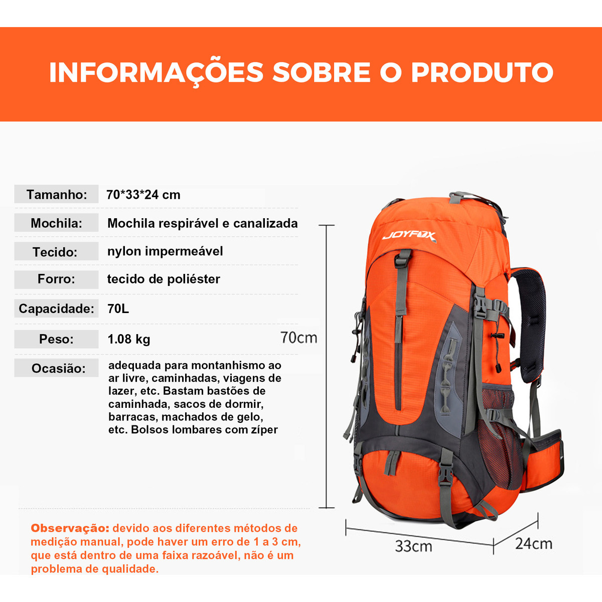 Mochila Impermeável Trilha Camping Viagem Reforçada 65 + 5 L Joyfox 2