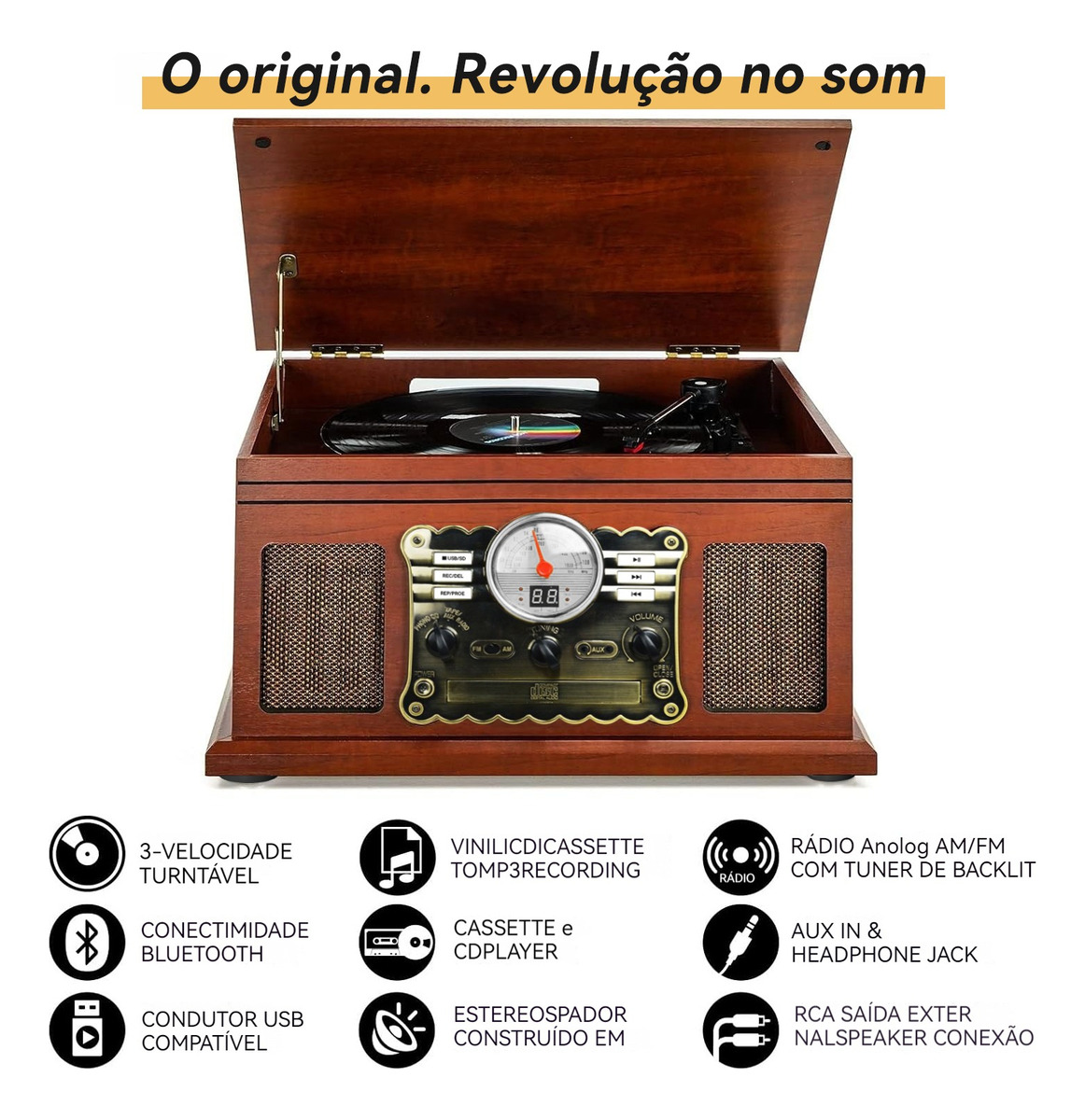 Toca-Discos 10 em 1 com Bluetooth 5
