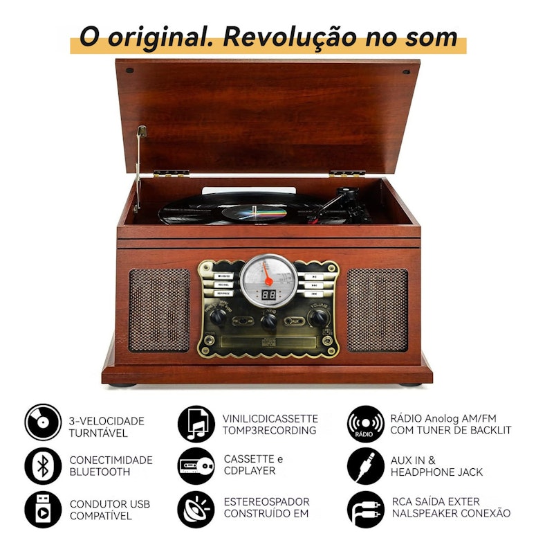 Toca-Discos 10 em 1 com Bluetooth 5