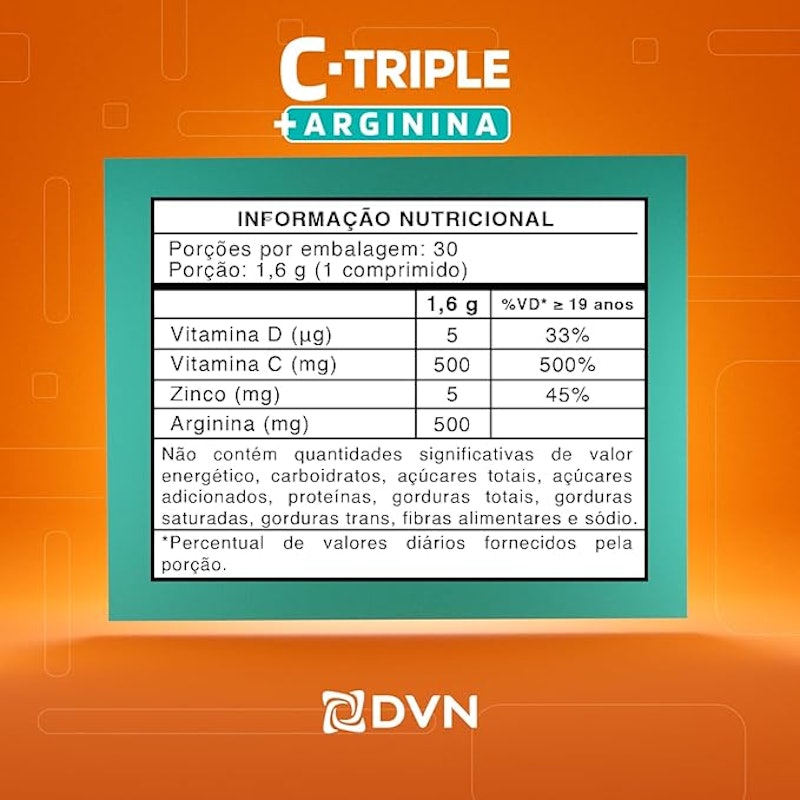 C-Triple + Arginina - Vit C 500mg + Zinco 5mg + Vit D 200UI + Arginina 500mg 5