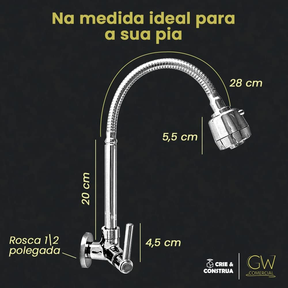 Torneira para Cozinha Gourmet com Tubo Flexível para Parede 4