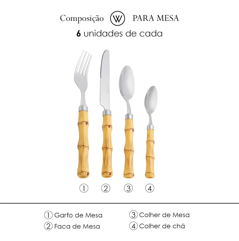 Faqueiro de Aço Inox com Cabo Plástico Bambu 24 Peças 5