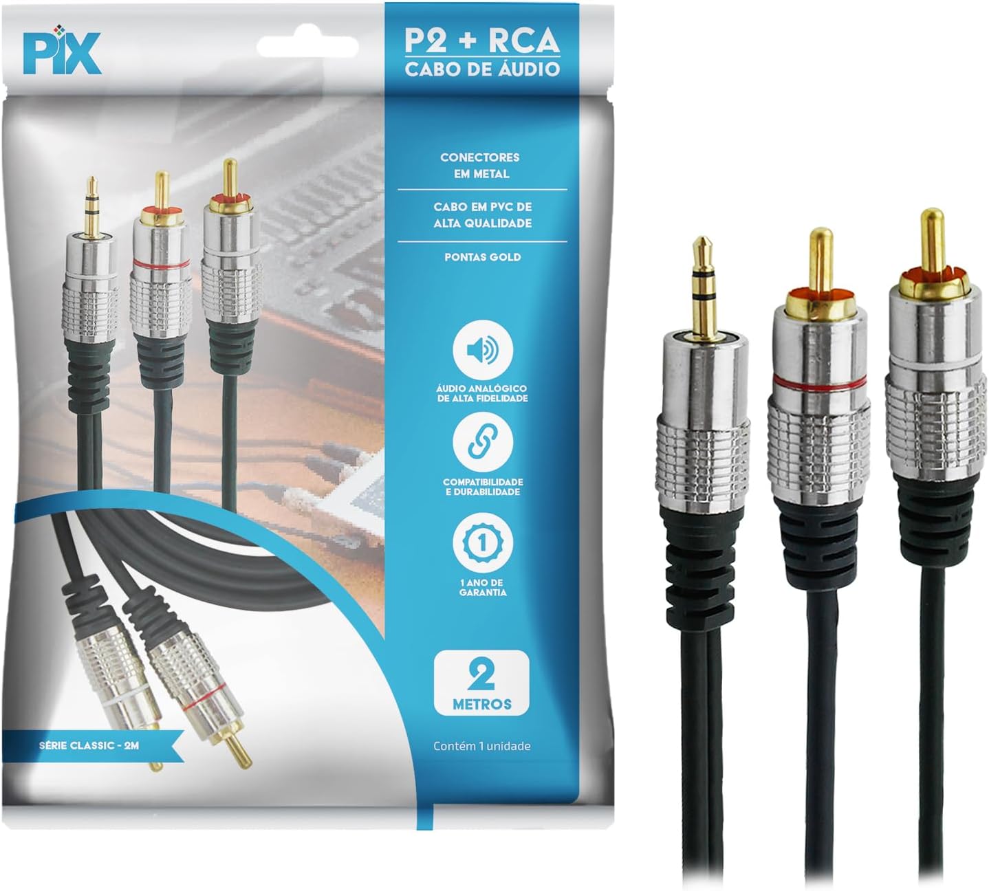 Cabo de Áudio Chip Sce P2 2 Rca Nickel Fitz 2