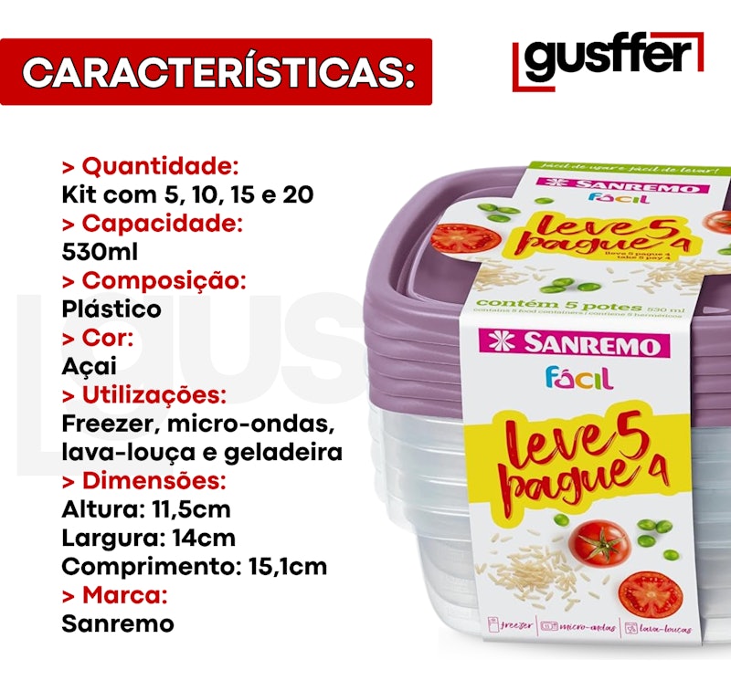 Conjunto de 5 Potes Plástico Hermético de 530 ml 5