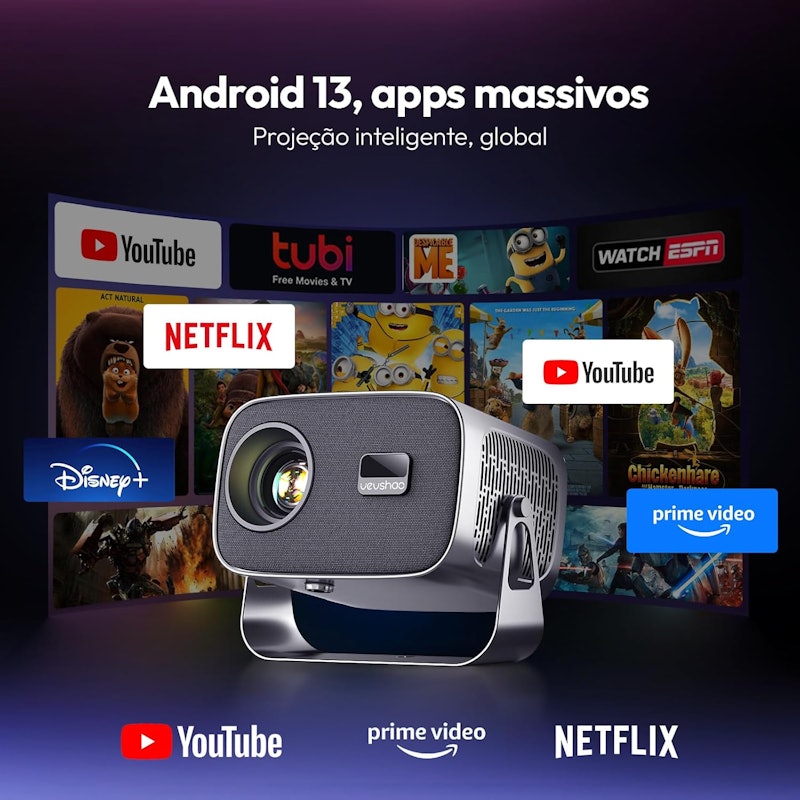 Projetor SmartPhone Nativo Auto Focus Keystone BT 5.2 Wi-Fi 6 Portátil 360° Vevshao 3