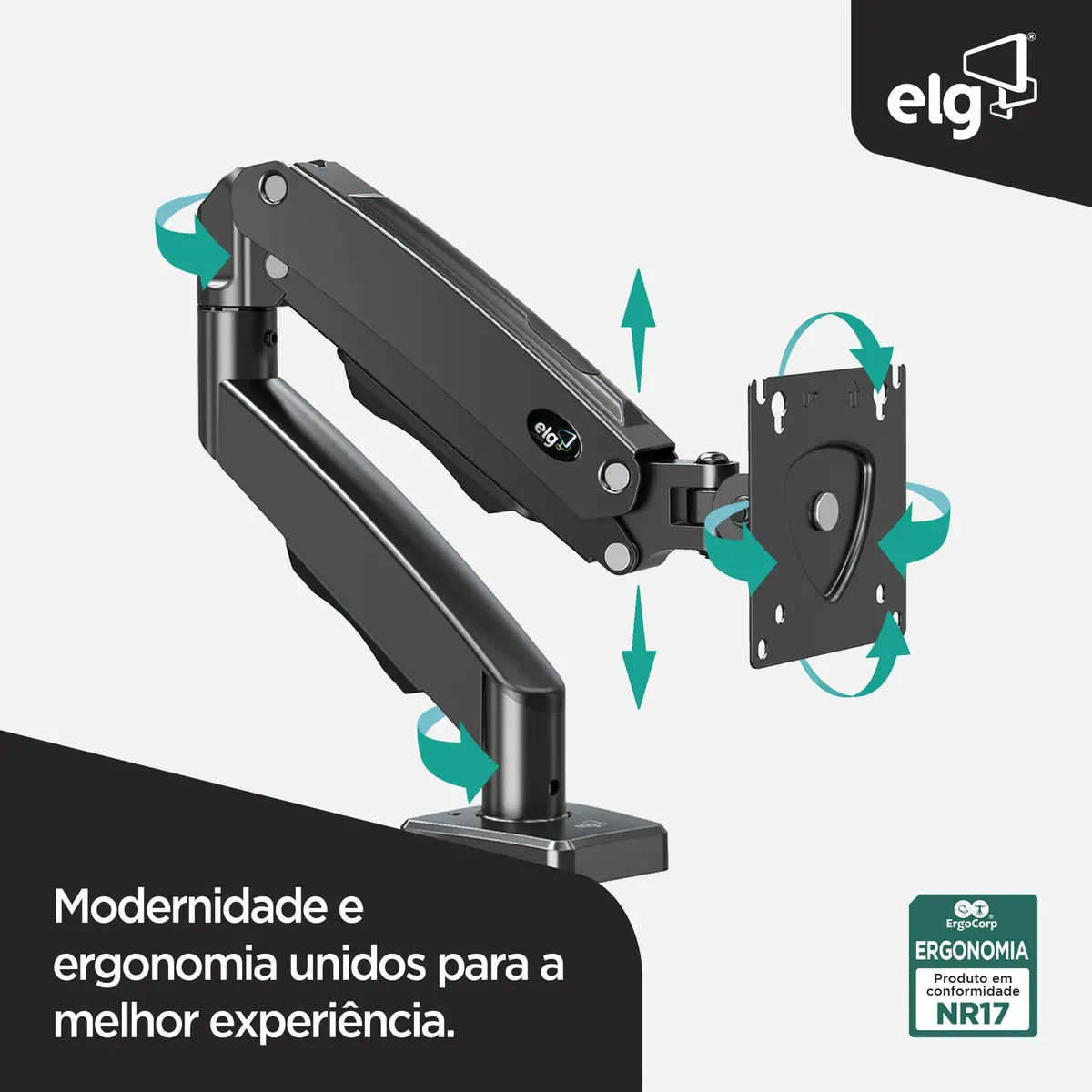 Suporte Ergonômico de Mesa para Monitor 17" a 35", Pistão a Gás, Suporte até 9 kg, VESA 75-100 Elg 4