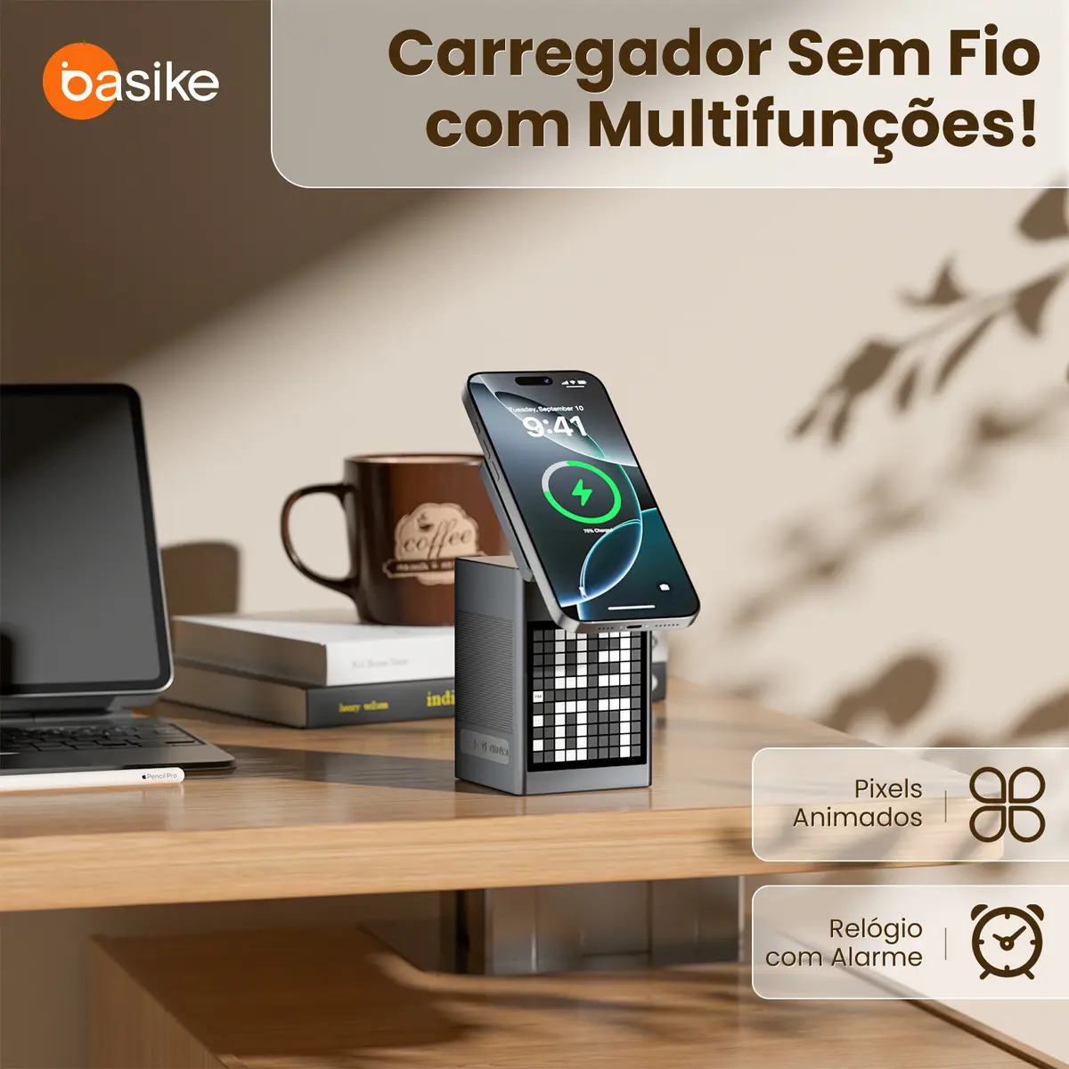 Carregador por Indução Basike Ba Despertador Pixel Bluetooth sem Fio Rápido 4