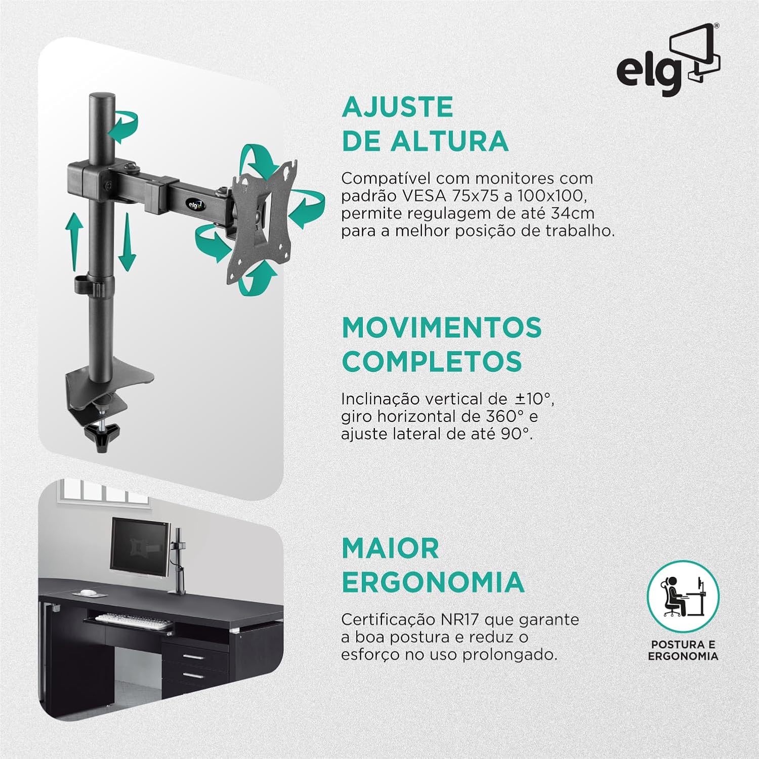 Suporte Ergonômico Articulado para Monitor de 17” a 34” Elg 3
