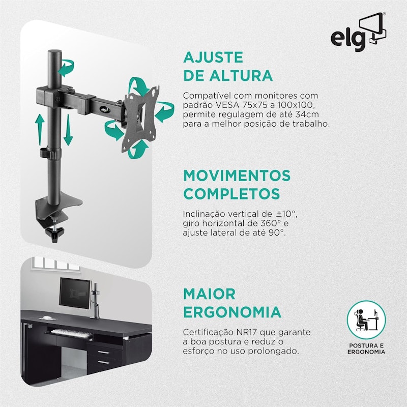 Suporte Ergonômico Articulado para Monitor de 17” a 34” Elg 3
