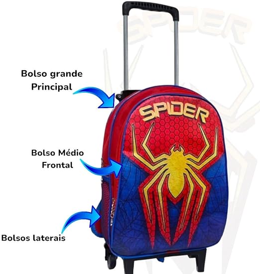 Mochila Escolar Infantil com Rodinhas Masculina Aranha Vermelho 3
