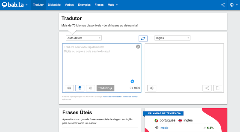 Interface inicial do Dicionário Linguee Português-Espanhol (2020)