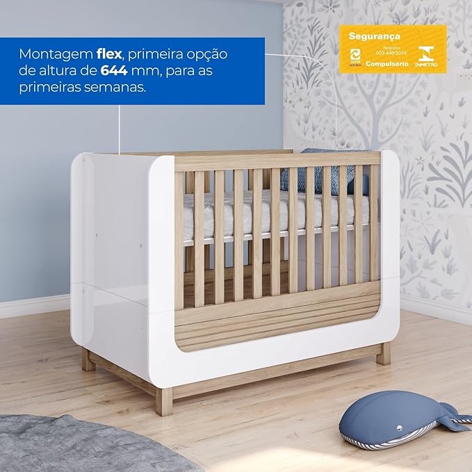 Conjunto Quarto de Bebê Berço 2 em 1, Guarda-roupa e Cômoda Sophia 2