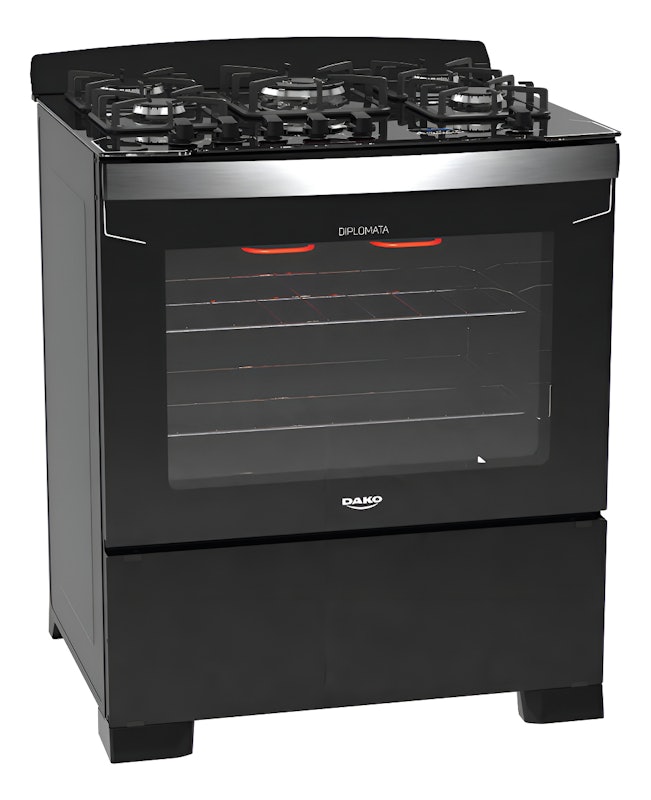 Fogão 5 Bocas Preto com Frente em Vidro Preto e Timer Digital Dako Diplomata Grill 1
