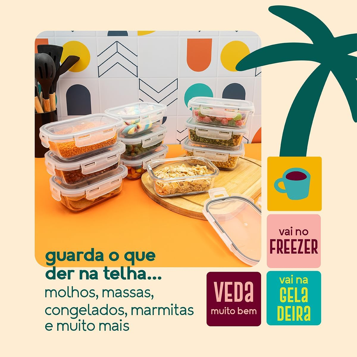 Kit 10 Potes de Vidro Marmita Hermético com Trava Retangular 5