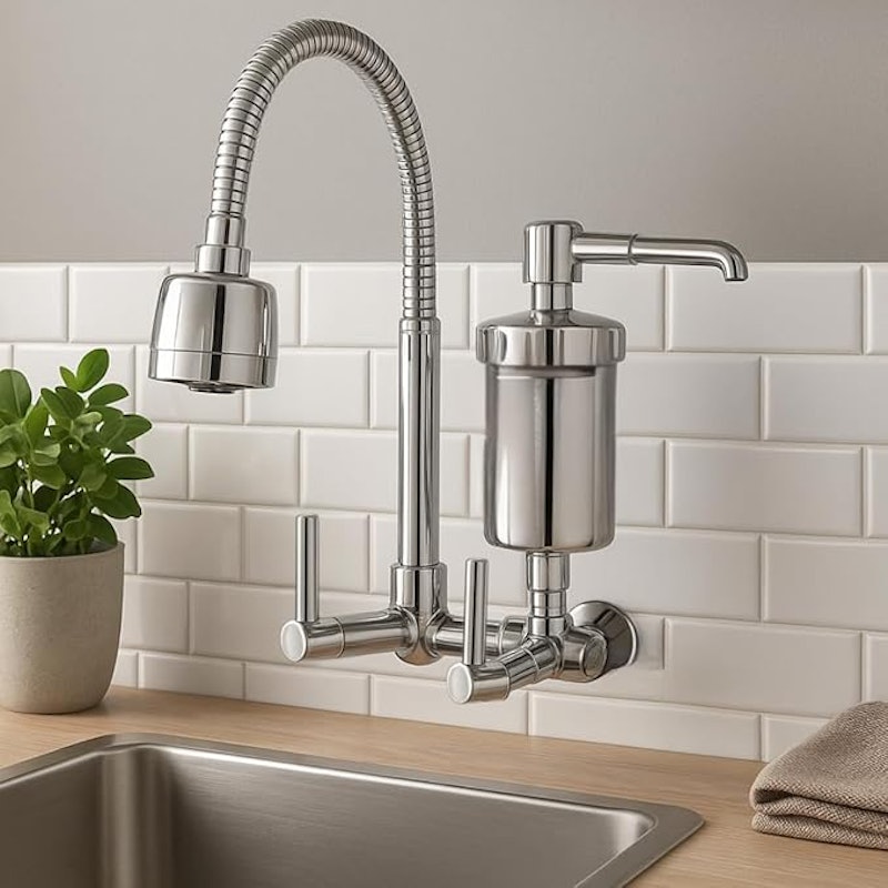 Torneira para Cozinha com Filtro Base de Parede em ABS Cano Flexível Cromado 2