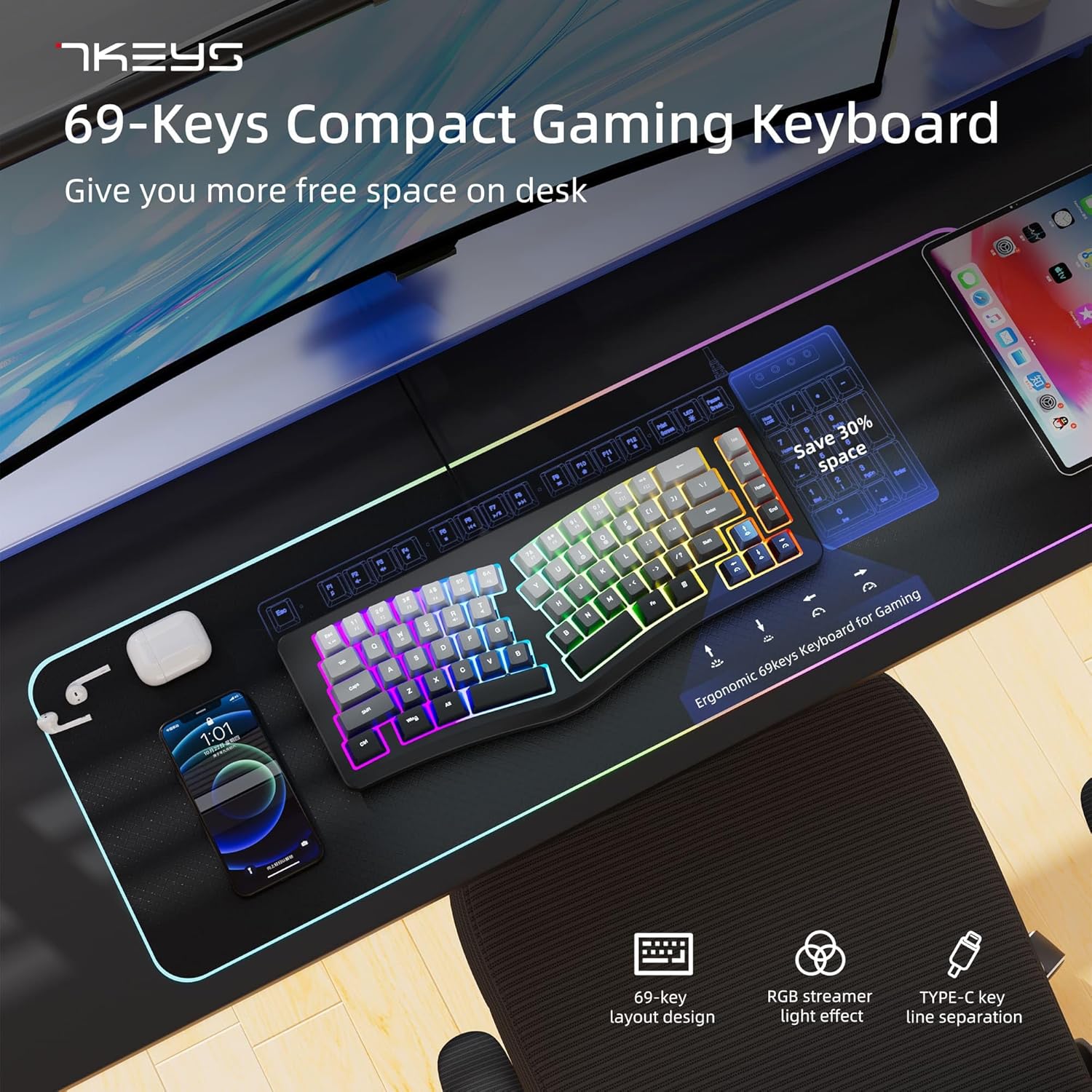 Teclado Ergonômico com Fio Mini Teclado Dividido Compacto 4