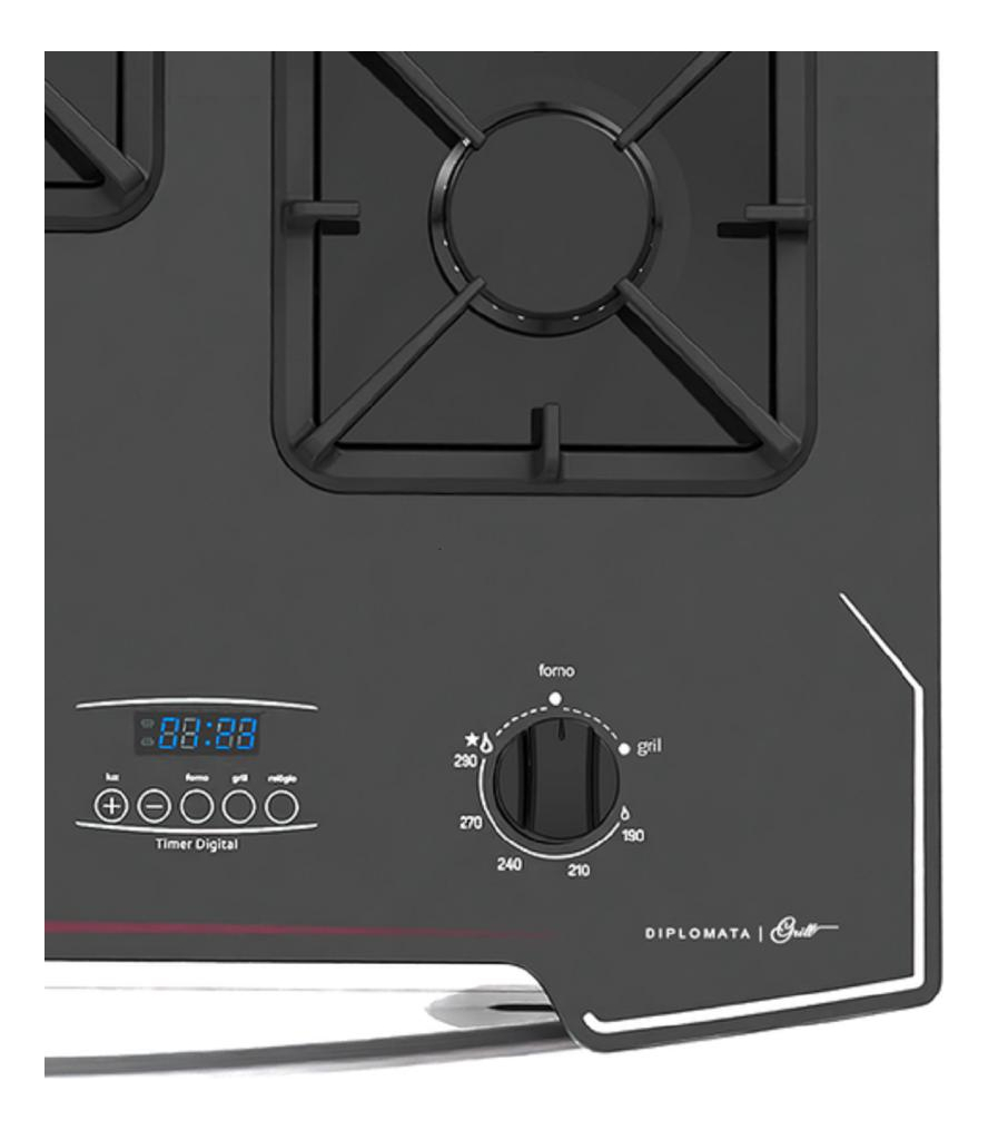 Fogão 5 Bocas Preto com Frente em Vidro Preto e Timer Digital Dako Diplomata Grill  4