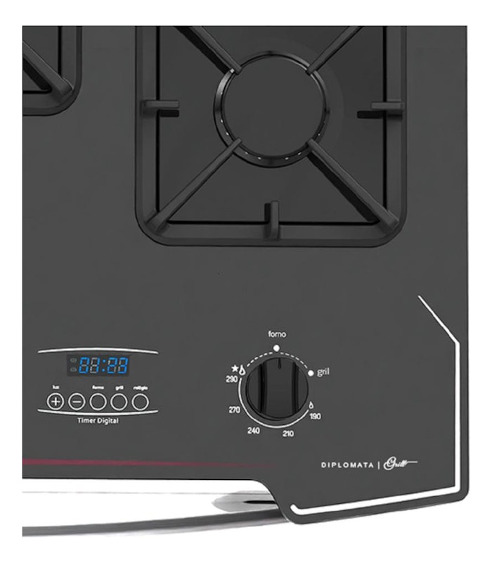 Fogão 5 Bocas Preto com Frente em Vidro Preto e Timer Digital Dako Diplomata Grill 4