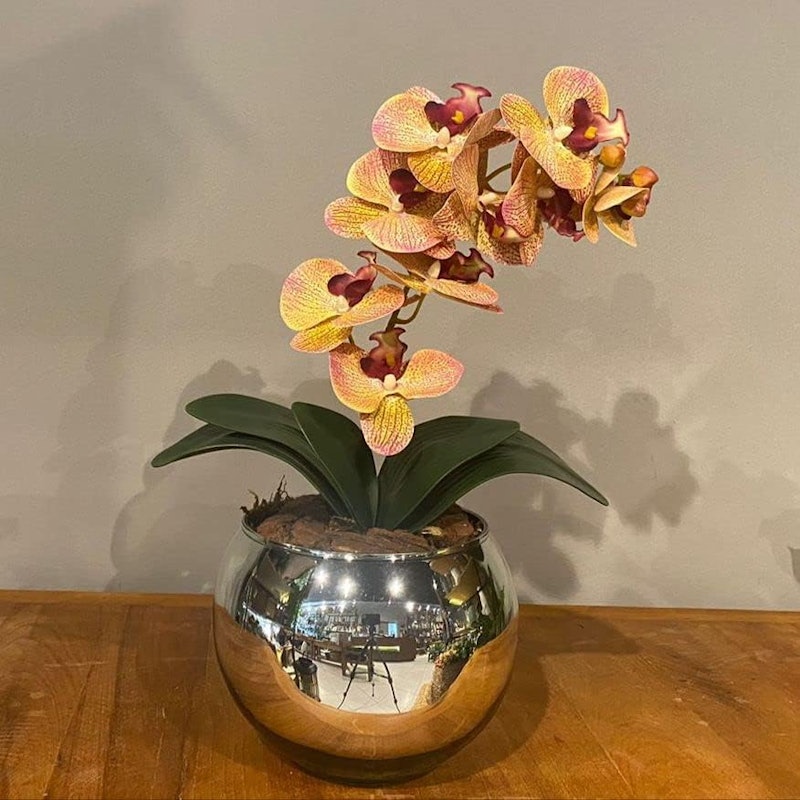 Orquídea Tigre Rosa Artificial Arranjo no Vaso Espelhado 1