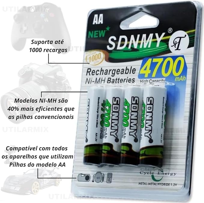 Kit 8 Pilhas Recarregáveis AA 4700 mAh 3