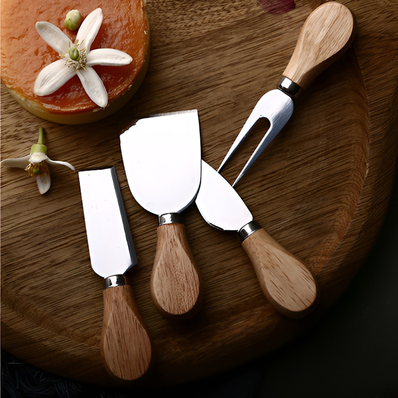 Kit Petisqueira Redonda Madeira + 4 Facas Queijo + 4 Peças Vinho 5