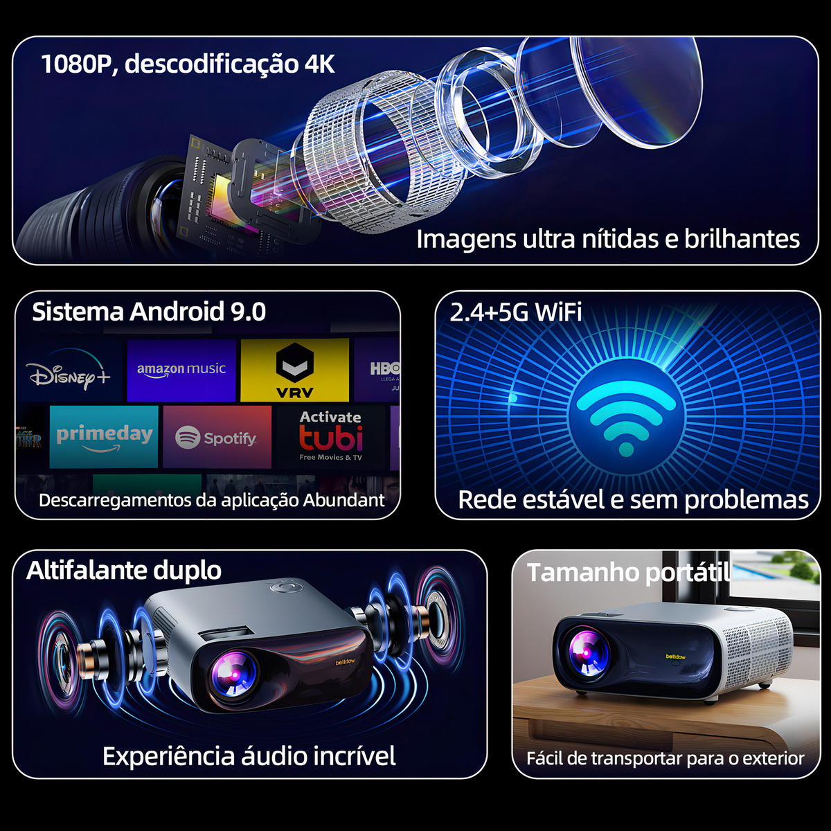 Projetor 4K 22000 Lumens Full HD Bettdow 4