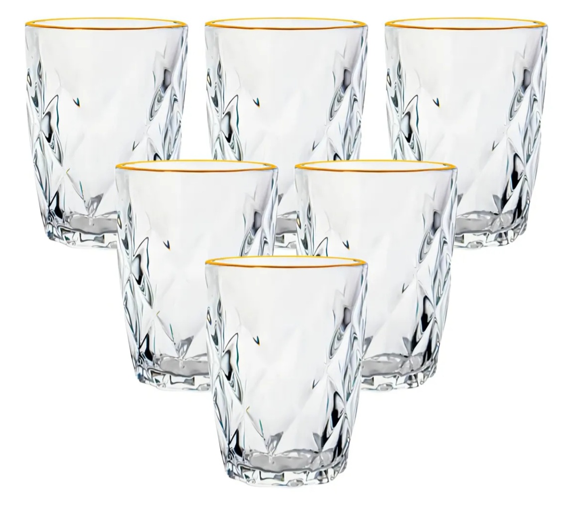 Jogo de Copos de Vidro Diamond Fio de Ouro 270 ml 6 Peças 1