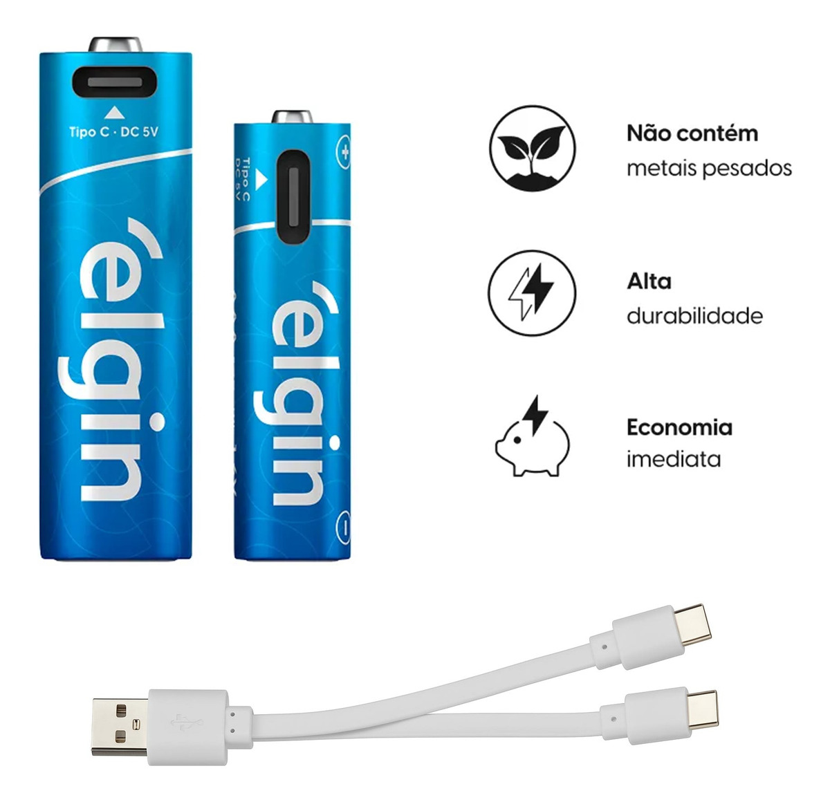 Pilha Recarregável AA USB-C com 2 Unidades + Cabo 2