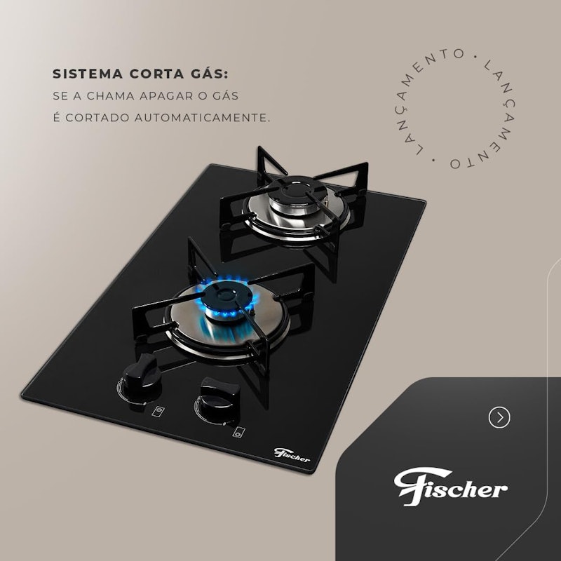 Cooktop a Gás Fischer 2 Bocas Loft com Supervisor de Chama Mesa Vidro Bivolt 2