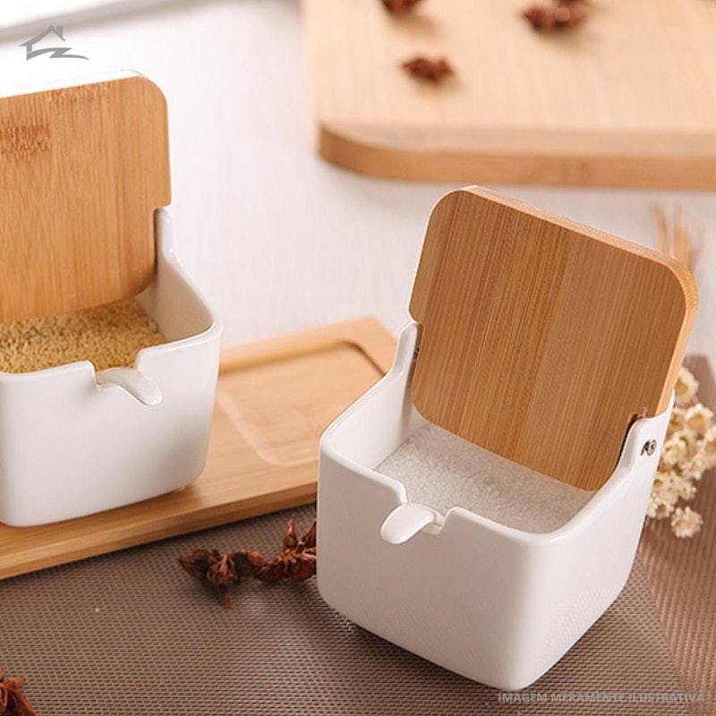Saleiro de Mesa de Cerâmica com Tampa de Bambu e Colher Bianco 4