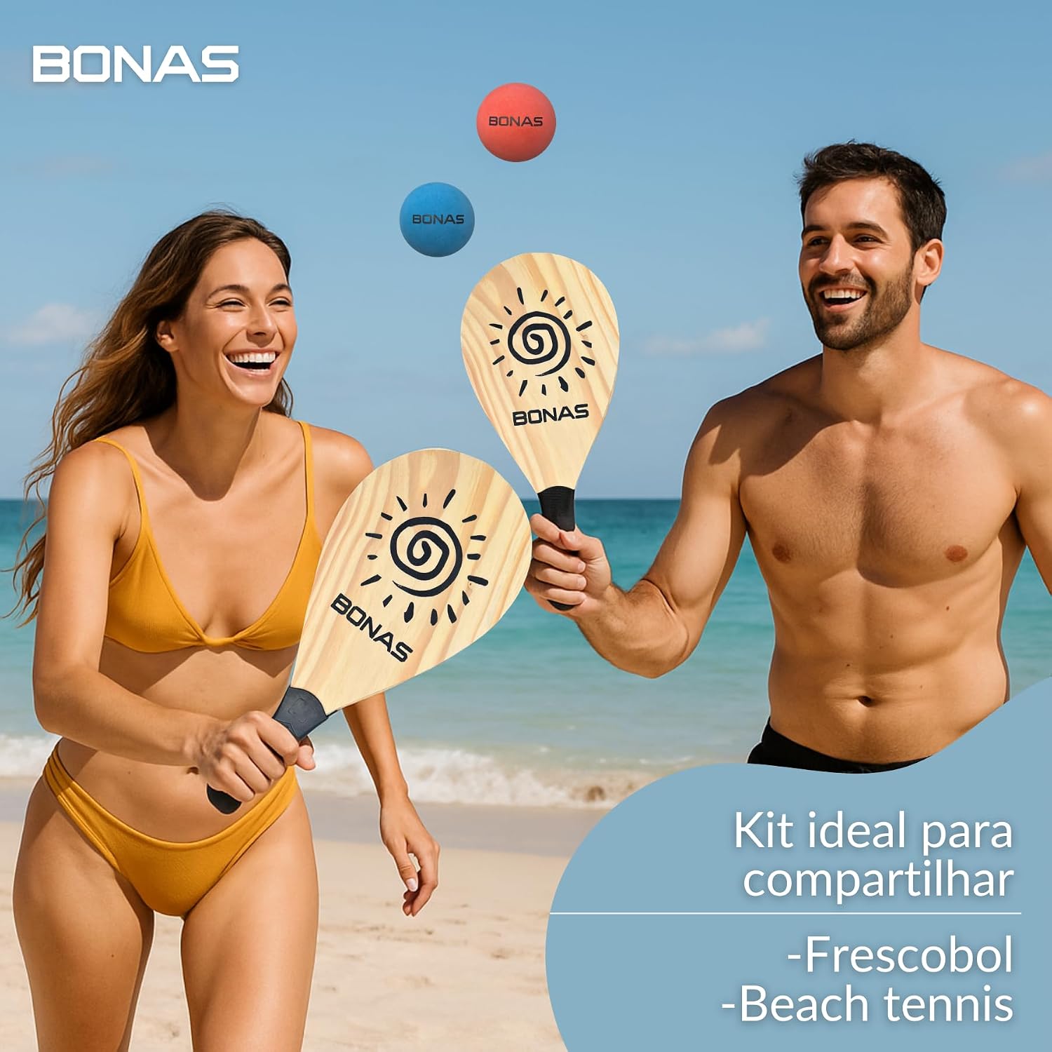 Kit Raquetes de Frescobol + 4 Bolas Bonas 5