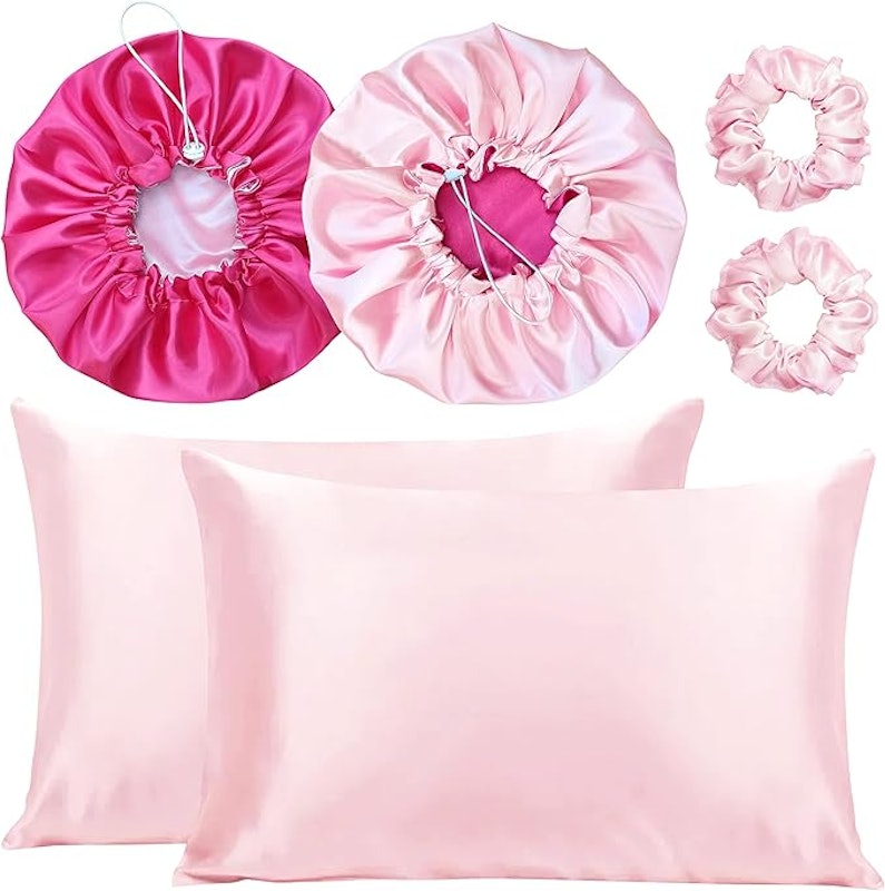 Kit 2 Fronhas de Cetim Seda + 2 Toucas + 2 Xuxinhas 2