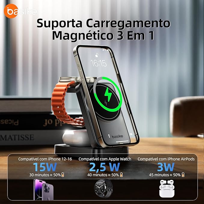 Carregador por Indução Basike Ba sem Fio 3 em 1 Rápido 15 W 2