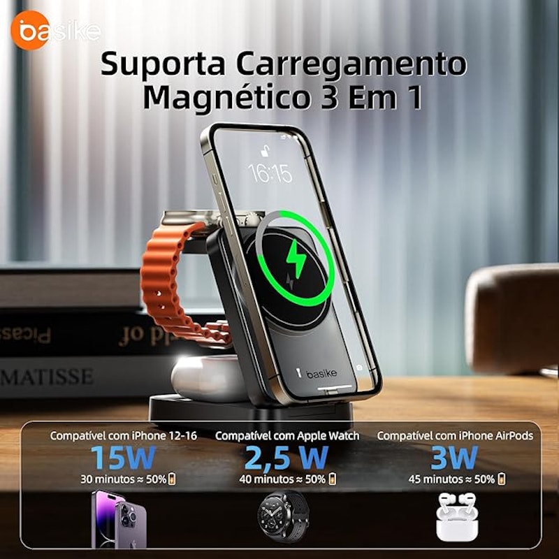 Carregador por Indução Basike Ba sem Fio 3 em 1 Rápido 15 W 2