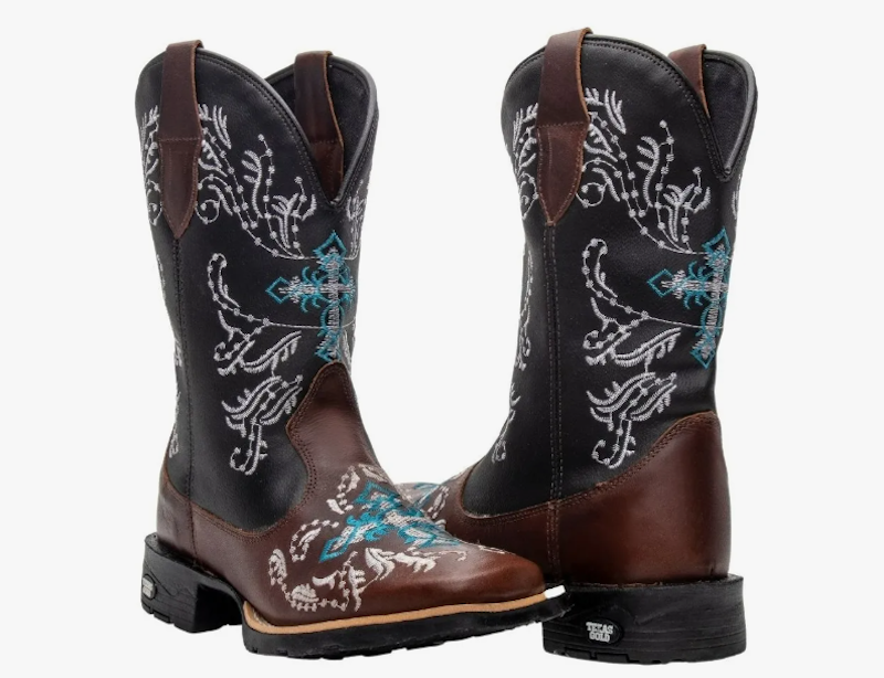 Bota Texana Feminina Couro Country Bico Quadrado Café Azul 3