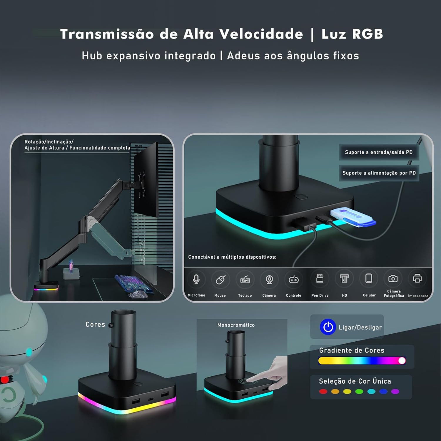 Suporte Gamer para Monitor e RGB com 8 Efeitos de Luz  3